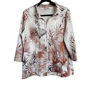 Weekends by Chicos Jacket Womens Size 2 Multicolor Leaf Print 3/4 Sleeve‎ Zip Up